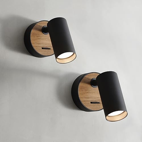 ouglres Schwarz Wandlampe mit Schalter,2 Pack Holz Wandleuchte Retro Wandspot aus Aluminium Lampenschirm Drehbar,Wandleuchte innen Kompakt Bett Schlafzimmer Wohnzimmer,GU10 von ouglres