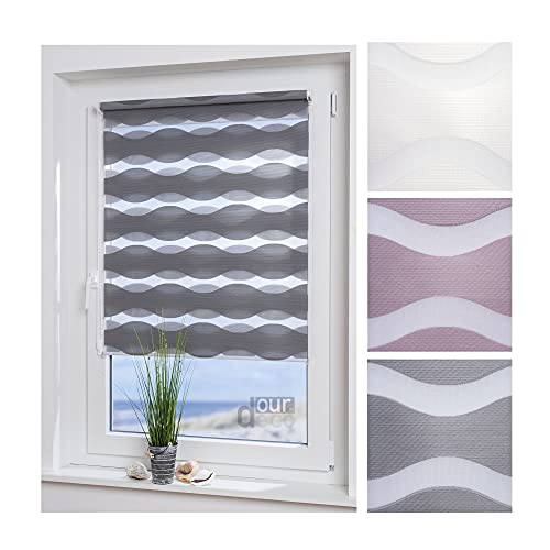 ourdeco® Doppel-Rollo, Duo-Rollo / 100 x 150 cm in Wellenform Wave grau/lichtdurchlässig, Blickdicht/Klemmen=Montage ohne Bohren=Smartfix=Klemmfix=Easy-to-fix von ourdeco