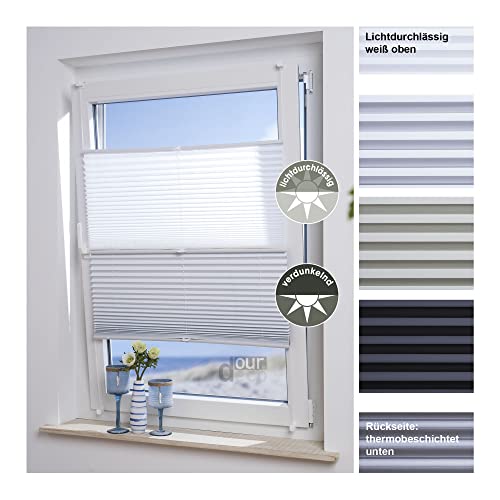 ourdeco® Kombi Doppel-Plissee / 40 x 130 cm weiß/weiß/lichtdurchlässig, Blickdicht, verdunkelnd/Farben: Weiß-Weiß, Beige-Weiß/Klemmen=Montage ohne Bohren=Smartfix=Klemmfix-Plissee=Easy-to-fix von ourdeco