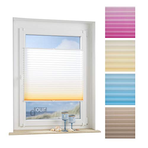 ourdeco® Plissee / 80 x 130 cm weiß-orange/lichtdurchlässig, Blickdicht/Farbverlauf: azurblau, orange/Montage ohne Bohren von ourdeco