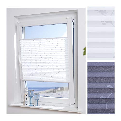 ourdeco® Plissee / 90 x 210 cm Weiß, bedrucktes Blumenmotiv Ranke/lichtdurchlässig, Blickdicht/Farbe: Weiß Ranke/Klemmen=Montage ohne Bohren=Smartfix=Klemmfix-Plissee=Easy-to-fix von ourdeco