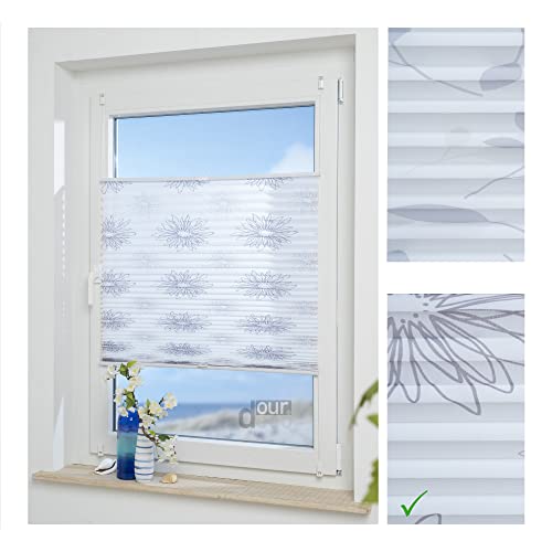 ourdeco Klemmfix-Plissee / 100 x 130 cm Blume grau/lichtdurchlässig, Blickdicht/Montage ohne Bohren von ourdeco