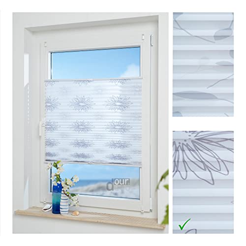 ourdeco Klemmfix-Plissee / 85 x 130 cm Blume grau/lichtdurchlässig, Blickdicht/Montage ohne Bohren von ourdeco