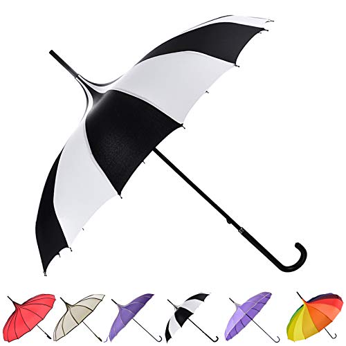 outgeek Retro Pagode Regenschirm Sonnenschirm Regenschirm Sonnenschirm mit Haken Griff Weiß, Schwarz von outgeek