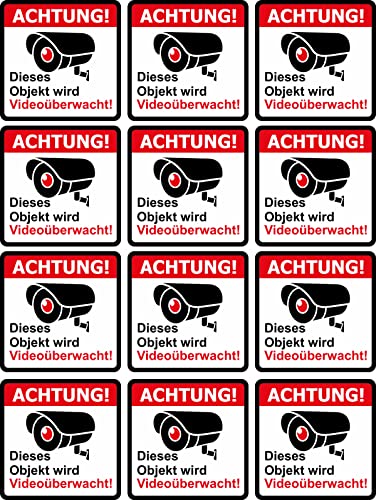 Sicherheitsaufkleber "Achtung dieses Objekt ist videoüberwacht" – Blatt mit 12 Aufklebern (5x5 cm), weißer Hintergrund, schwarze und rote Schrift, inkl. Piktogramm TC-041 von outlaw-rats