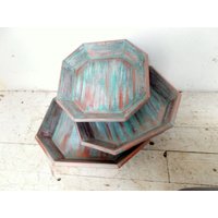 Set Drei Alte Holzteller Mintgrün Kupferpatina Vintage von outofnorm