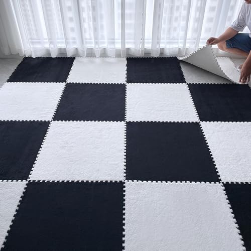 12 Pcs Plush Interlocking Foam Floor Mat Square Interlocking Carpet Tiles with Border Soft Fluffy Mat for Home Playroom Parlor Decor 12" X 12" X 0.4"(Black White) von ouxei