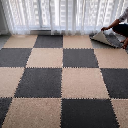 12 Pcs Plush Interlocking Foam Floor Mat Square Interlocking Carpet Tiles with Border Soft Fluffy Mat for Home Playroom Parlor Decor 12" X 12" X 0.4"(Gray Apricot) von ouxei