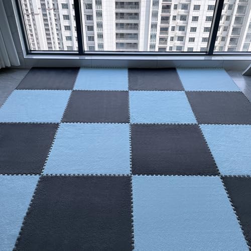 12 Pcs Plush Interlocking Foam Floor Mat Square Interlocking Carpet Tiles with Border Soft Fluffy Mat for Home Playroom Parlor Decor 12" X 12" X 0.4"(Gray Light Blue) von ouxei