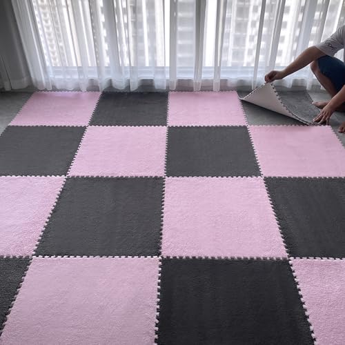 12 Pcs Plush Interlocking Foam Floor Mat Square Interlocking Carpet Tiles with Border Soft Fluffy Mat for Home Playroom Parlor Decor 12" X 12" X 0.4"(Gray Pink) von ouxei