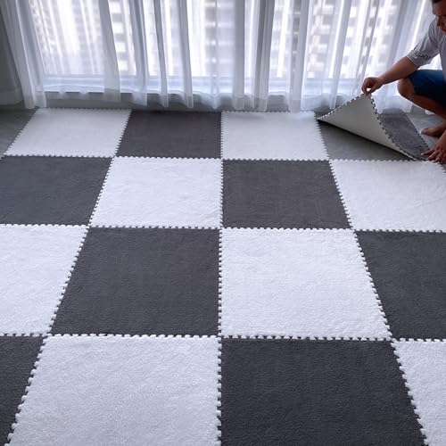 12 Pcs Plush Interlocking Foam Floor Mat Square Interlocking Carpet Tiles with Border Soft Fluffy Mat for Home Playroom Parlor Decor 12" X 12" X 0.4"(Gray White) von ouxei