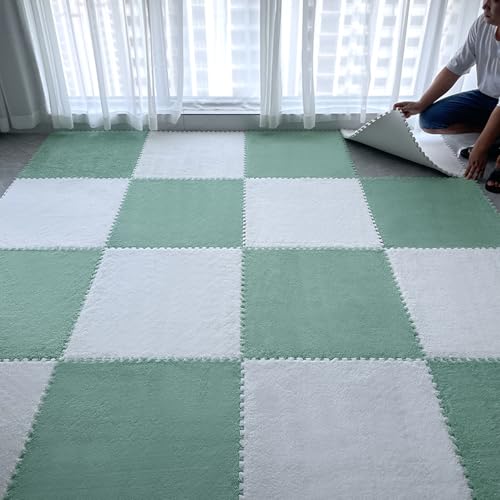 12 Pcs Plush Interlocking Foam Floor Mat Square Interlocking Carpet Tiles with Border Soft Fluffy Mat for Home Playroom Parlor Decor 12" X 12" X 0.4"(Green White) von ouxei