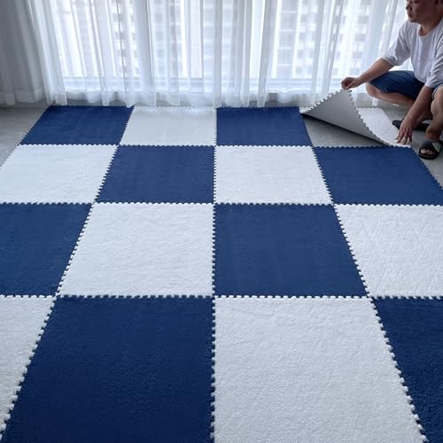 12 Pcs Plush Interlocking Foam Floor Mat Square Interlocking Carpet Tiles with Border Soft Fluffy Mat for Home Playroom Parlor Decor 12" X 12" X 0.4"(White Navy) von ouxei