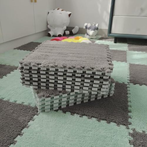 ouxei 18 Stück 12" X 12" X 1cm Weiche Plüsch-Fußmatten Aus Ineinandergreifendem Schaumstoff Mit Kanten Für Die Inneneinrichtung(Gray+Green 2) von ouxei