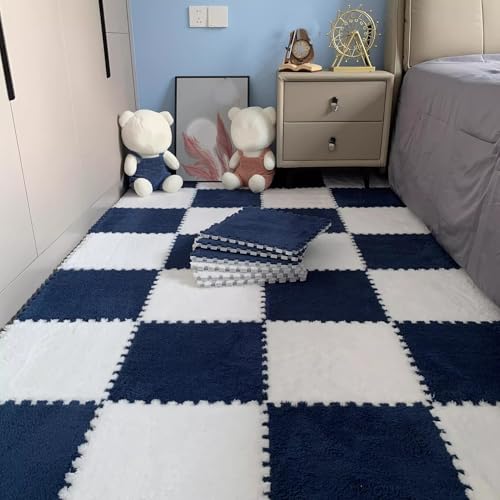 ouxei 20 Stück 12" X 12" X 1cm Weiche Plüsch-Fußmatten Aus Ineinandergreifendem Schaumstoff Mit Rändern Für Das Spielzimmer Zu Hause(White Navy) von ouxei