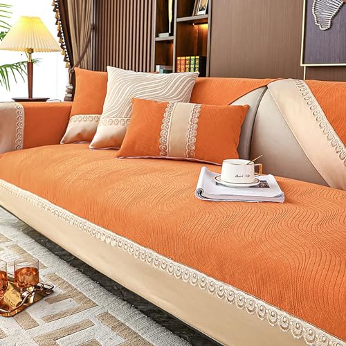 ouxei 2024 Patchwork-Sofabezüge Aus Chenille Mit Spitze – Luxuriöse, rutschfeste, Waschbare Schoner Für Hunde Und Kinder(Orange,70 * 70cm/27.6 * 27.6in) von ouxei