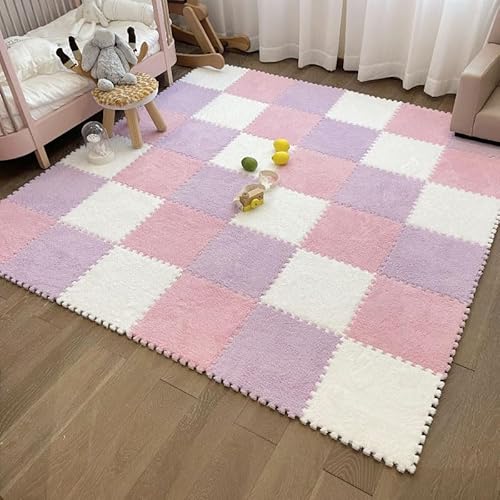 ouxei 24 Stücke 12 "x 12" X 1cm Flauschigen Ineinander Greifen Teppich Fliesen Weiche Puzzle Fußmatten(Pink Purple White) von ouxei