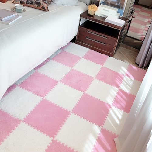 ouxei 24 Stücke 12 "x 12" X 1cm Flauschigen Ineinander Greifen Teppich Fliesen Weiche Puzzle Fußmatten(Pink White) von ouxei