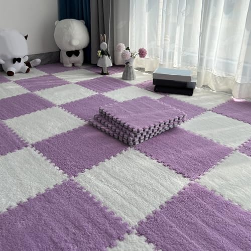 ouxei 24 Stücke 12 "x 12" X 1cm Flauschigen Ineinander Greifen Teppich Fliesen Weiche Puzzle Fußmatten(Purple White) von ouxei