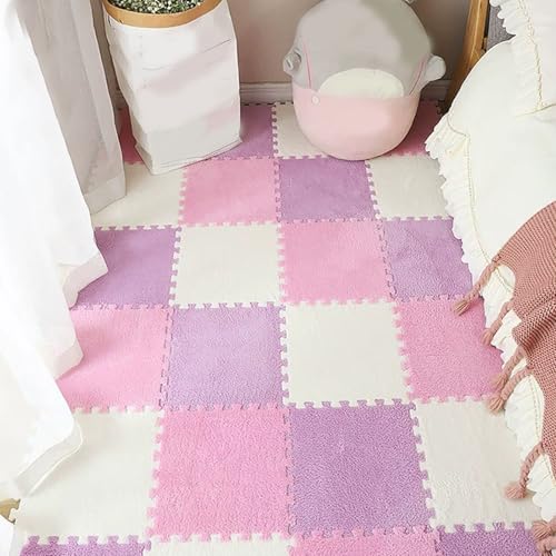 ouxei 30 Stück Ineinander Greifende Bodenfliesen Aus Plüschschaum Mit Rand, 12 X 12 X 1 cm, Weiche Teppiche Für Das Spielzimmer Zu Hause(Pink Purple White) von ouxei