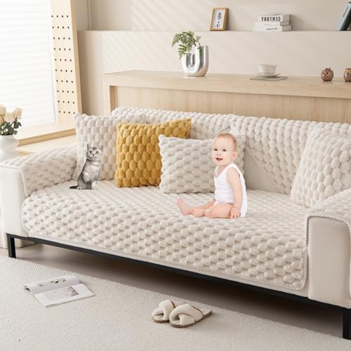 ouxei 3D-Plüsch-Sofabezug – 3-/2-/1-/4-Sitzer, L-Form, Dicker Anti-Rutsch-Schutz, Waschbar Und Haustierfreundlich(Beige,90 * 180cm/35.4 * 71in) von ouxei