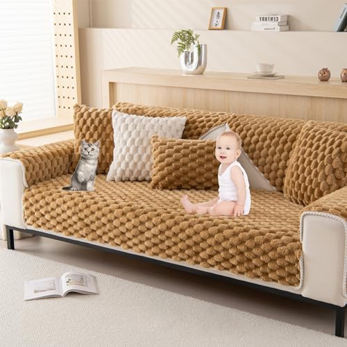 ouxei 3D-Plüsch-Sofabezug – 3-/2-/1-/4-Sitzer, L-Form, Dicker Anti-Rutsch-Schutz, Waschbar Und Haustierfreundlich(Curry,90 * 120cm/35.4 * 47in) von ouxei