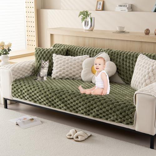 ouxei 3D-Plüsch-Sofabezug – 3-/2-/1-/4-Sitzer, L-Form, Dicker Anti-Rutsch-Schutz, Waschbar Und Haustierfreundlich(Green,90 * 90cm/35.4 * 35.4in) von ouxei