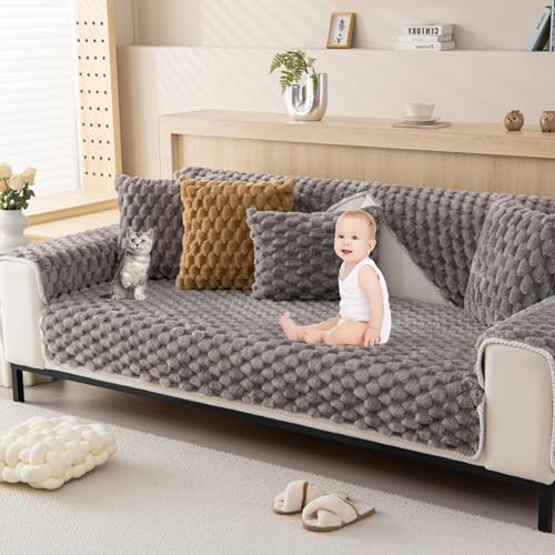 ouxei 3D-Plüsch-Sofabezug – 3-/2-/1-/4-Sitzer, L-Form, Dicker Anti-Rutsch-Schutz, Waschbar Und Haustierfreundlich(Grey,70 * 180cm/27.6 * 71in) von ouxei