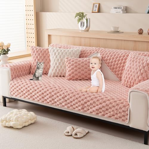 ouxei 3D-Plüsch-Sofabezug – 3-/2-/1-/4-Sitzer, L-Form, Dicker Anti-Rutsch-Schutz, Waschbar Und Haustierfreundlich(Pink,110 * 160cm/43 * 63in) von ouxei
