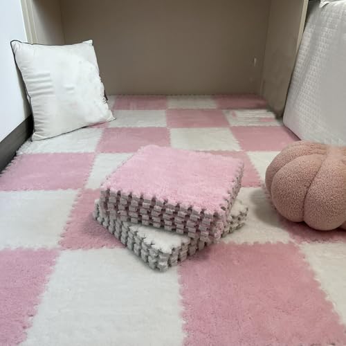 ouxei 40 Stück 12" X 12" X 1cm Weiche Plüsch-Fußmatten Aus Ineinandergreifendem Schaumstoff Mit Rändern Für Die Heimdekoration(Pink+White) von ouxei