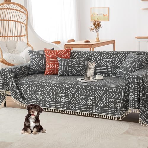 ouxei Boho-Sofabezug Aus Chenille Für Hunde, Übergroßer Sofabezug Für 2/3/4 Kissen, Waschbar, Mit Quaste(Black,180 * 200cm/71 * 78.7in) von ouxei