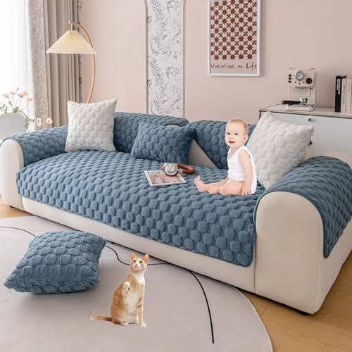 ouxei Couchbezug Aus Plüsch In L-Form Aus Kunstkaninchenfell, Einfarbig, Rutschfester Schutz Für Haustiere(Blue,110 * 240cm/43 * 94.5in) von ouxei