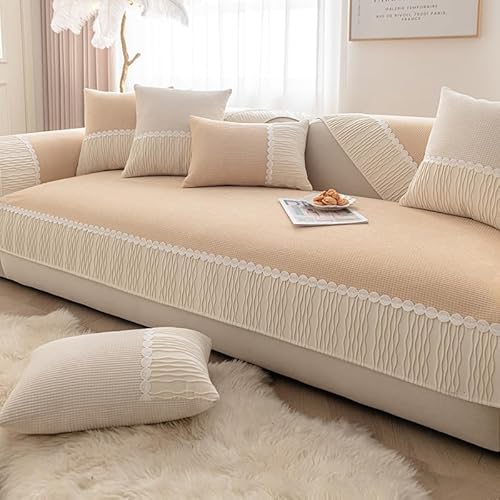 ouxei Cremefarbener Sofabezug Aus Cord Im Patchwork-Stil Für L-förmige Sofas, Rutschfester Und Kratzfester Schutz Für Haustiere(Khaki,90 * 160cm/35.4 * 63in) von ouxei