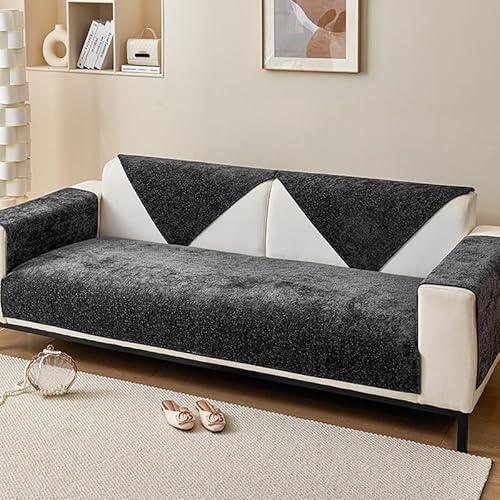 ouxei Dicker Chenille-Sofabezug – Flauschiger, Waschbarer Schonbezug Für 3-Kissen-Sofagarnituren Und Haustierschutz(Black,110 * 110/43 * 43in) von ouxei