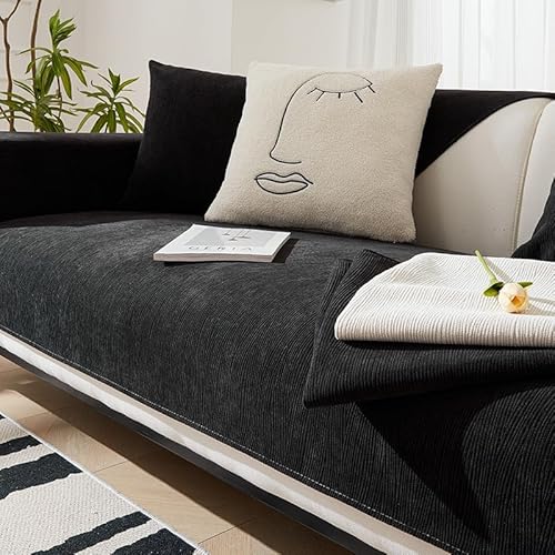 ouxei Dicker Chenille-Sofabezug – Flauschiger, Waschbarer Schonbezug Für 3-Kissen-Sofagarnituren Und Haustierschutz(Black,70 * 90cm/27.6 * 35.4in) von ouxei
