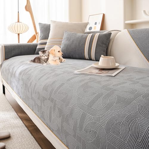 ouxei Einfarbige, Verdickte Chenille-Sofabezüge - Universeller, Rutschfester Schonbezug Für L-förmige Sofas Mit 2/3/4 Kissen(Grey,70 * 70cm/27.6 * 27.6in) von ouxei