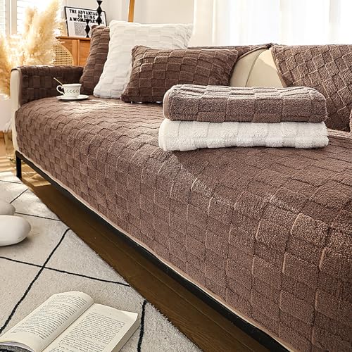 ouxei Einfarbiger, Karierter Sofabezug Aus Plüsch – Gemütlicher, Rutschfester L-förmiger Schonbezug Für 3-Kissen-Sofas, Haustierfreundlich(Coffee,70 * 120cm/27.6 * 47in) von ouxei