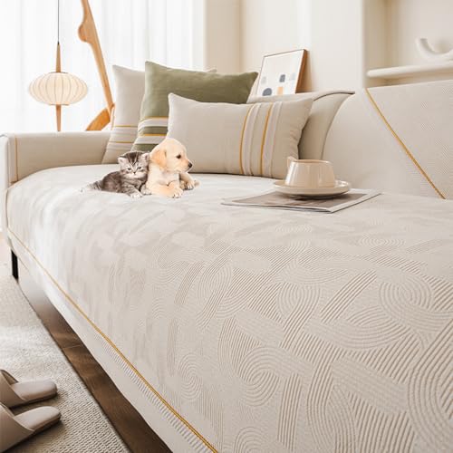 ouxei Einfarbiger, Verdickter Chenille-Sofabezug, rutschfest, Waschbar, Für L-förmige Couch Mit 2/3/4 Kissen(Beige,90 * 210cm/35.4 * 83in) von ouxei