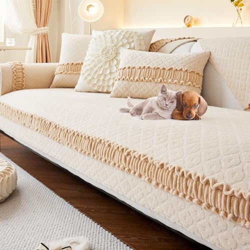 ouxei Einfarbiger Plüsch-Sofabezug, Einfaches Beige/Grau, rutschfest, Für Sofas Mit 2–4 Kissen(Khaki,Pillowcase45*45cm) von ouxei