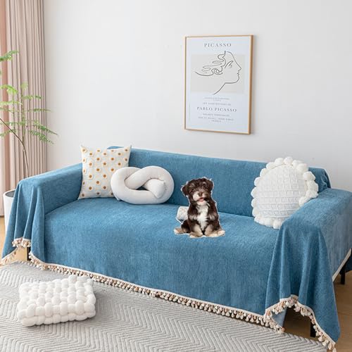 ouxei Einfarbiger Sofabezug Aus Chenille – Quastendekor, 2/3/4 Kissen, Schnittschutz Für Hunde, Alle Jahreszeiten(Blue,180 * 260cm/71 * 102.4in) von ouxei