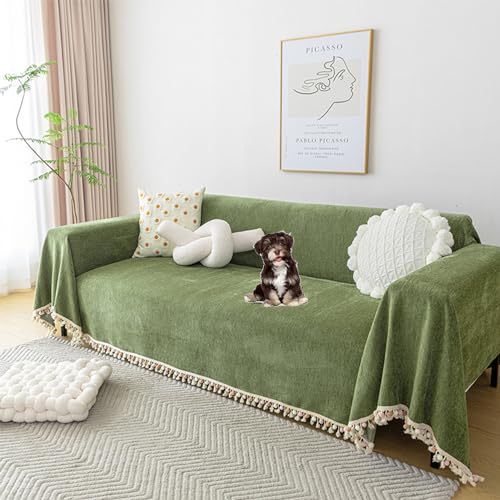 ouxei Einfarbiger Sofabezug Aus Chenille – Quastendekor, 2/3/4 Kissen, Schnittschutz Für Hunde, Alle Jahreszeiten(Green,180 * 420cm/71 * 165in) von ouxei
