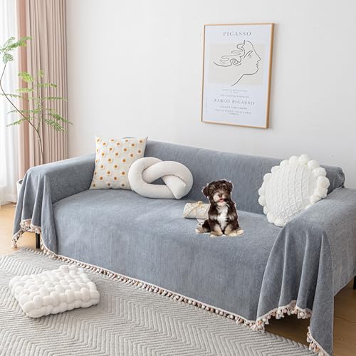 ouxei Einfarbiger Sofabezug Aus Chenille – Quastendekor, 2/3/4 Kissen, Schnittschutz Für Hunde, Alle Jahreszeiten(Grey,180 * 360cm/71 * 141.7in) von ouxei