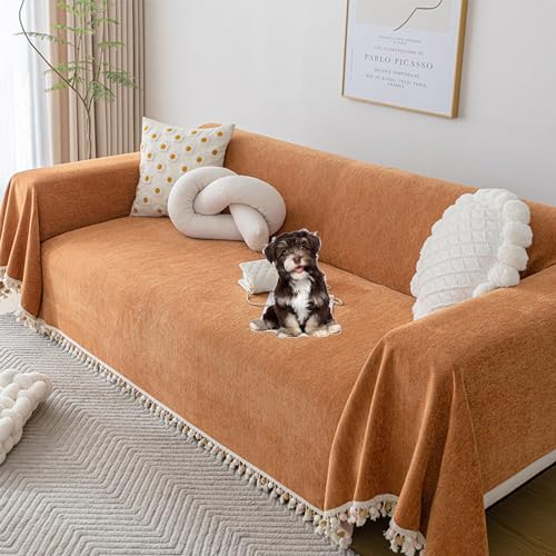 ouxei Einfarbiger Sofabezug Aus Chenille – Quastendekor, 2/3/4 Kissen, Schnittschutz Für Hunde, Alle Jahreszeiten(Orange,Pillow11.8 * 19.7in) von ouxei