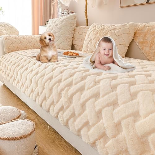 ouxei Gestreifter, Verdickter, Rutschfester Sofabezug Aus Plüsch, Weich, Waschbar, Für Sofas Mit 2–4 Kissen In L-Form(Beige,110 * 240cm/43 * 94.5in) von ouxei