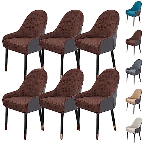 ouxei Jacquard-Esszimmerstuhlhussen, 1er-/2er-/4er-/6er-Set – Gebogene Rückenlehne Mit Armlehnen, Zweifarbiger Spleiß-Stretchschutz(Brown 6pcs) von ouxei