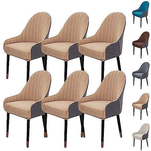 ouxei Jacquard-Esszimmerstuhlhussen, 1er-/2er-/4er-/6er-Set – Gebogene Rückenlehne Mit Armlehnen, Zweifarbiger Spleiß-Stretchschutz(Khaki 6pcs) von ouxei
