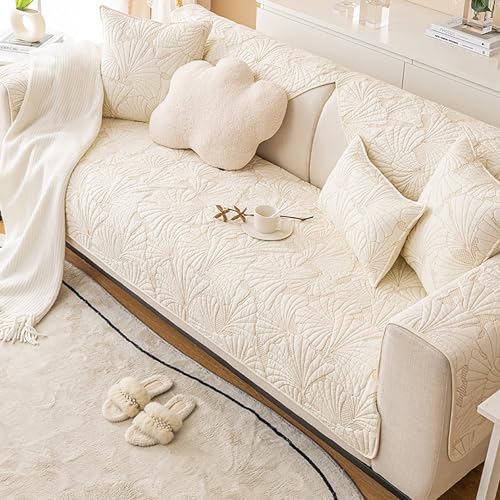 ouxei Minimalistischer Sofabezug Aus Einfarbigem Baumwolljacquard - Verdickter, Rutschfester Schnittschutz, Waschbar(Beigeb,70 * 90cm/27.6 * 35.4in) von ouxei