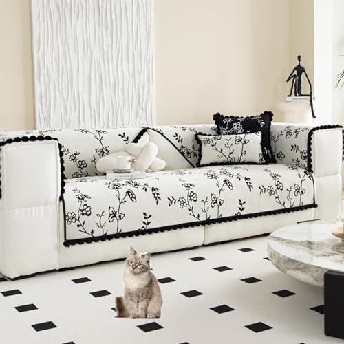 ouxei Moderner Sofabezug Aus Chenille Mit Fellbällchen – Rutschfester, Waschbarer Schonbezug Für 1–3 Sitze (Schwarz/Weiß)(White,90 * 210cm/35.4 * 83in) von ouxei