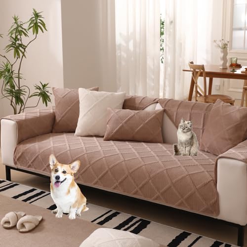 ouxei Modische, Minimalistische Sofabezüge Mit Rautenmuster – Rutschfester Schoner Aus Weichem Samt Für Sofas/Hunde Mit 2–4 Kissen(Khaki,70 * 150cm/27.6 * 59in) von ouxei
