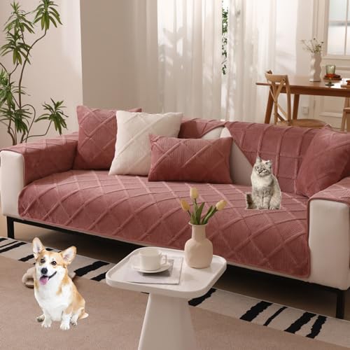 ouxei Modische, Minimalistische Sofabezüge Mit Rautenmuster – Rutschfester Schoner Aus Weichem Samt Für Sofas/Hunde Mit 2–4 Kissen(Pink,110 * 160cm/43 * 63in) von ouxei
